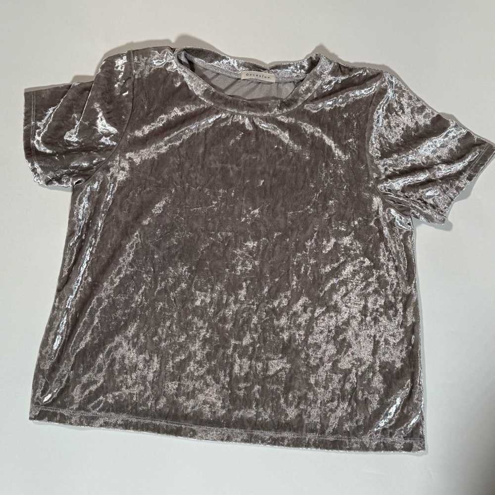 Gray Velvet Blouse with Short Sleeves and Crew Neck